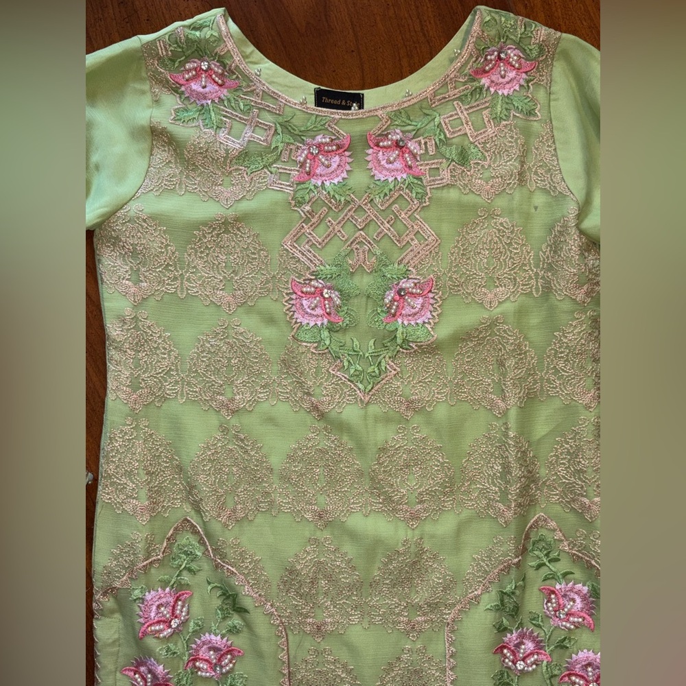 Embroidered Green Dress with Pink Floral Accents With Pants & Scarf - Picture 4 of 8